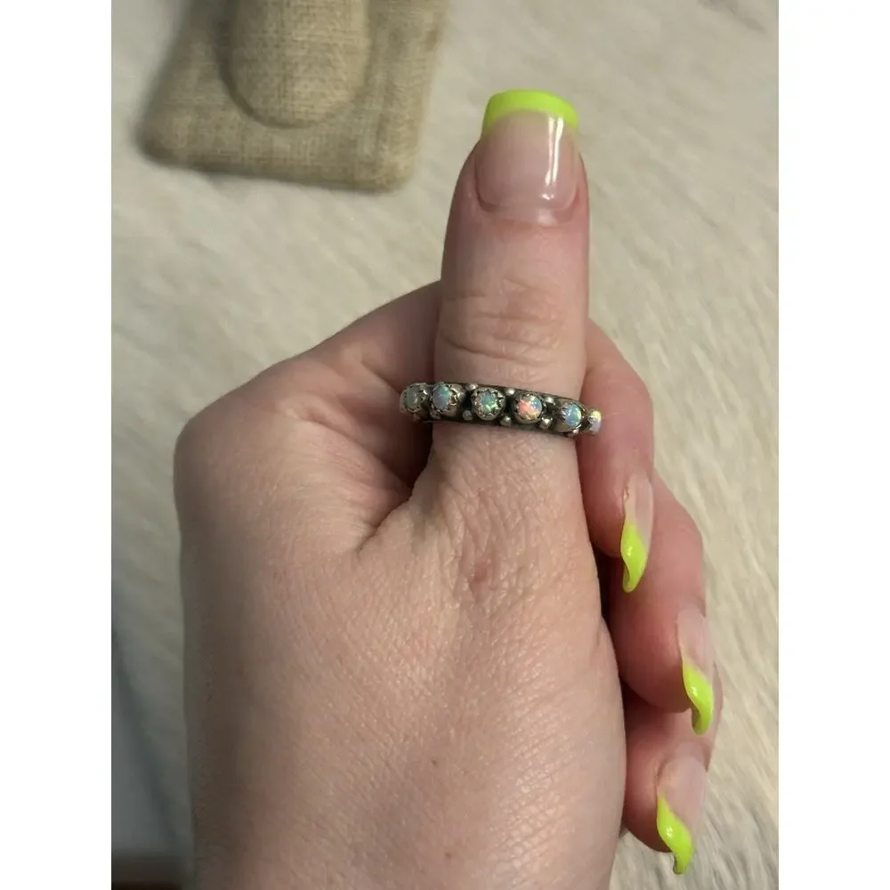 Sterling Silver White Fire Opal Eternity Snake Eye Band Ring Size 8 Round Stack